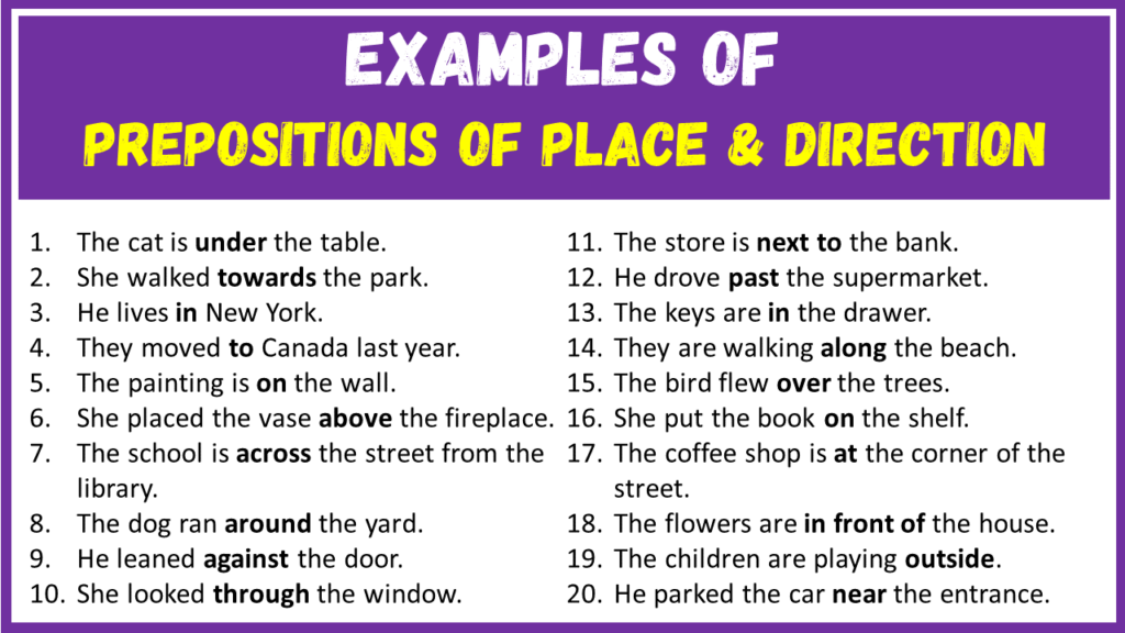 Examples of Prepositions of Place and Direction