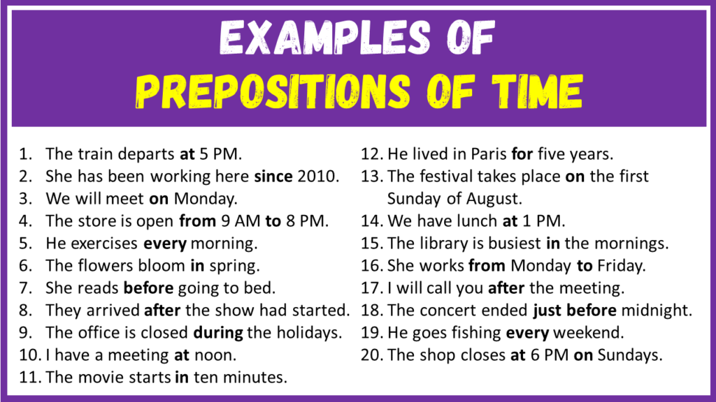 Examples of Prepositions of Time in Sentences