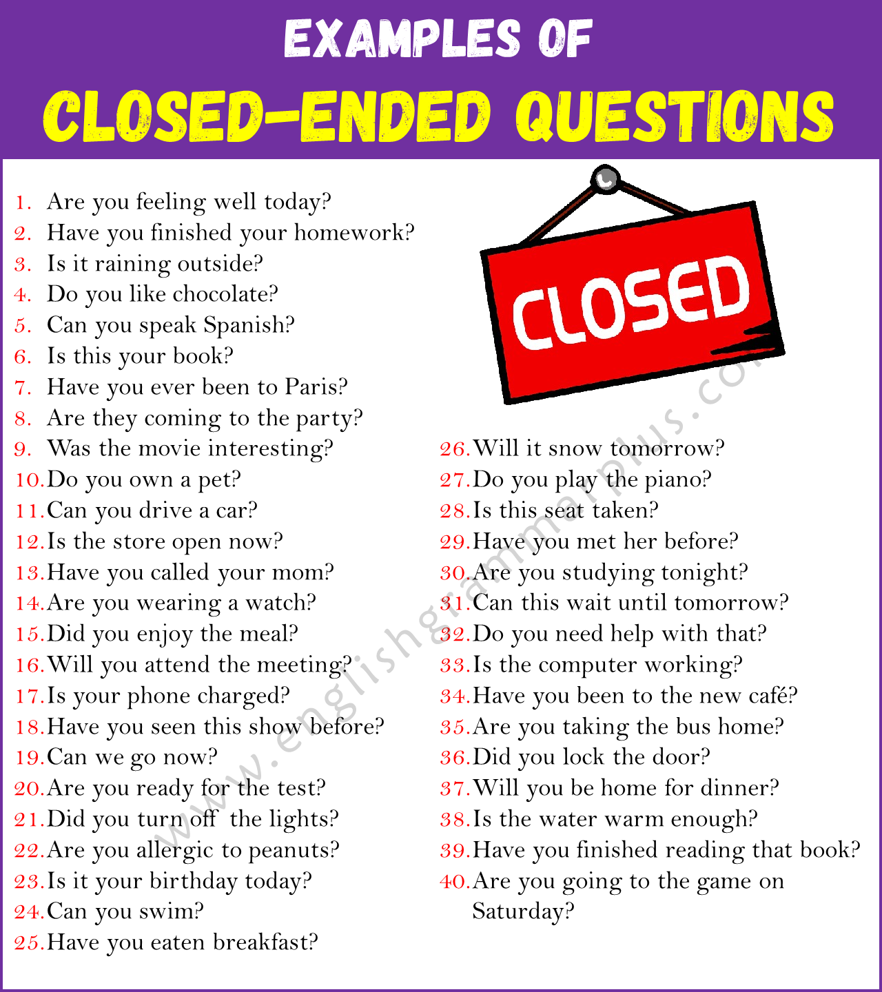 Examples of Closed Ended Questions in English