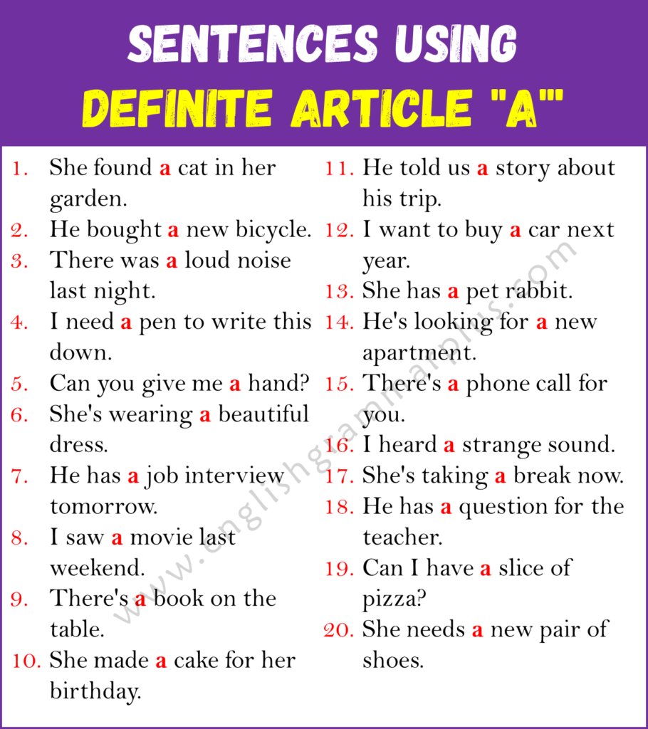 Correct Use Of Definite Article A 20 Sentences Using A 