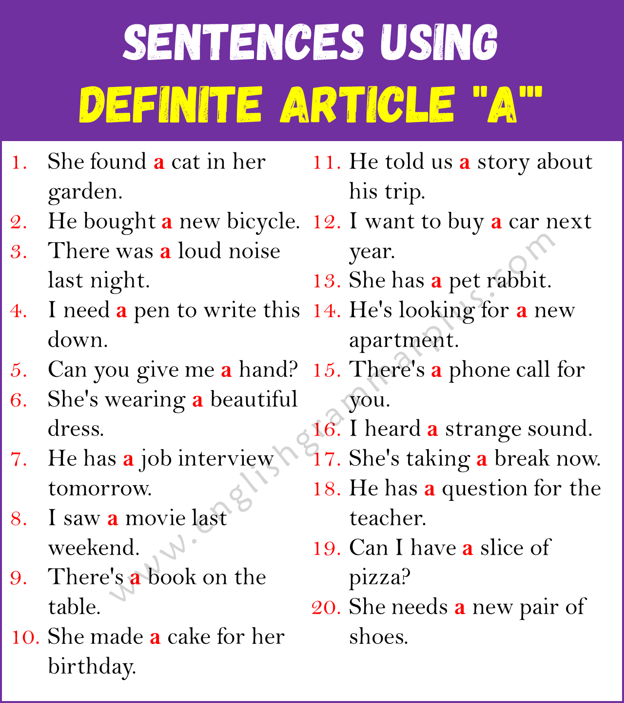 Sentences Using DEFINITE ARTICLE A