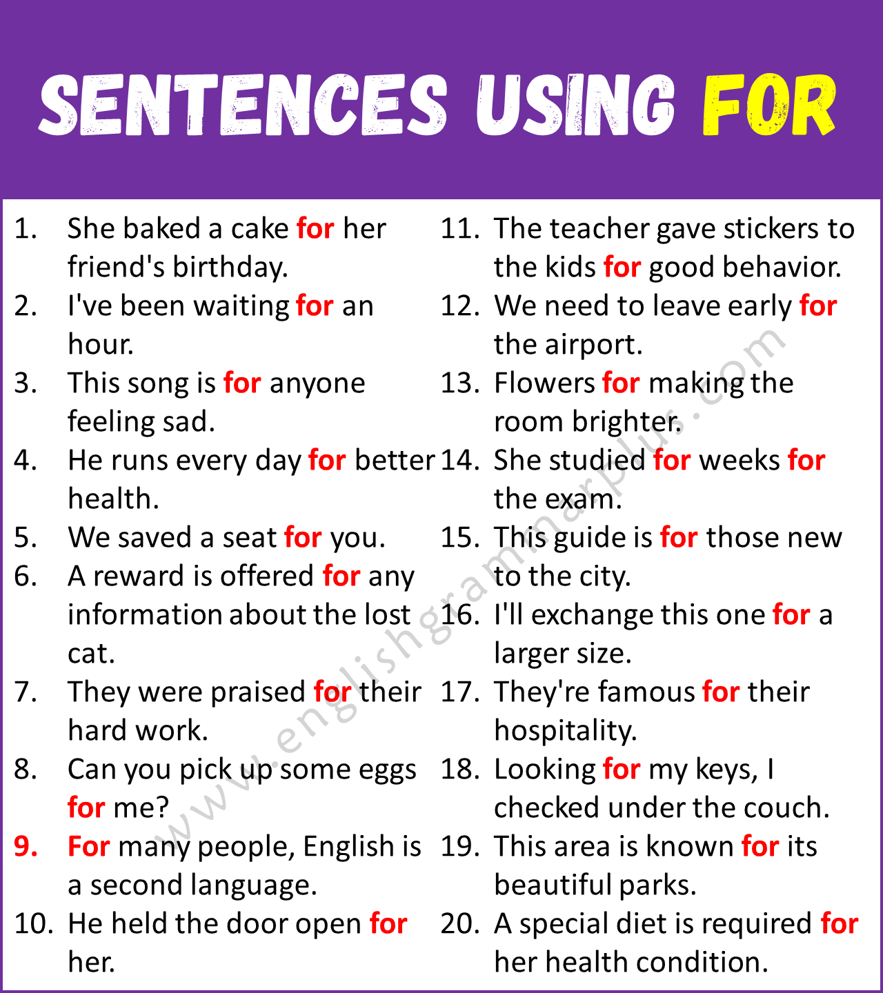 Sentences Using FOR