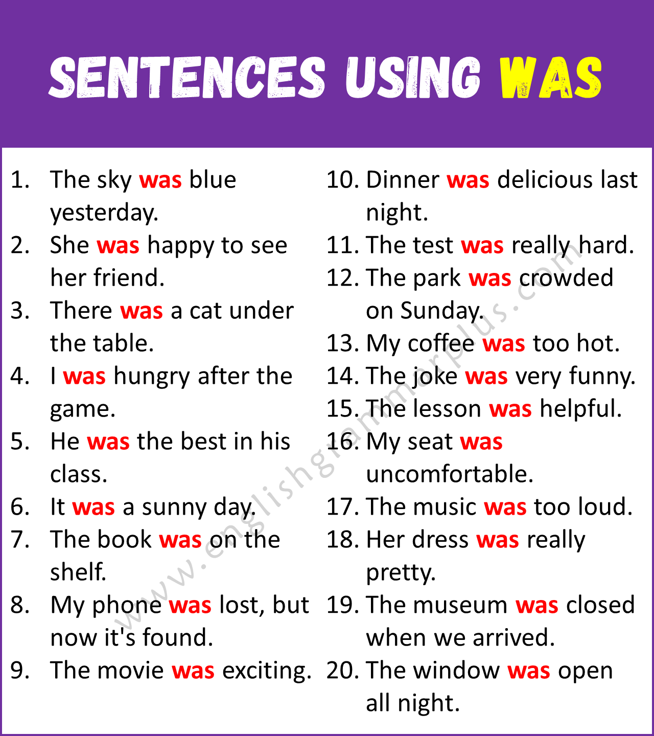 Sentences Using WAS