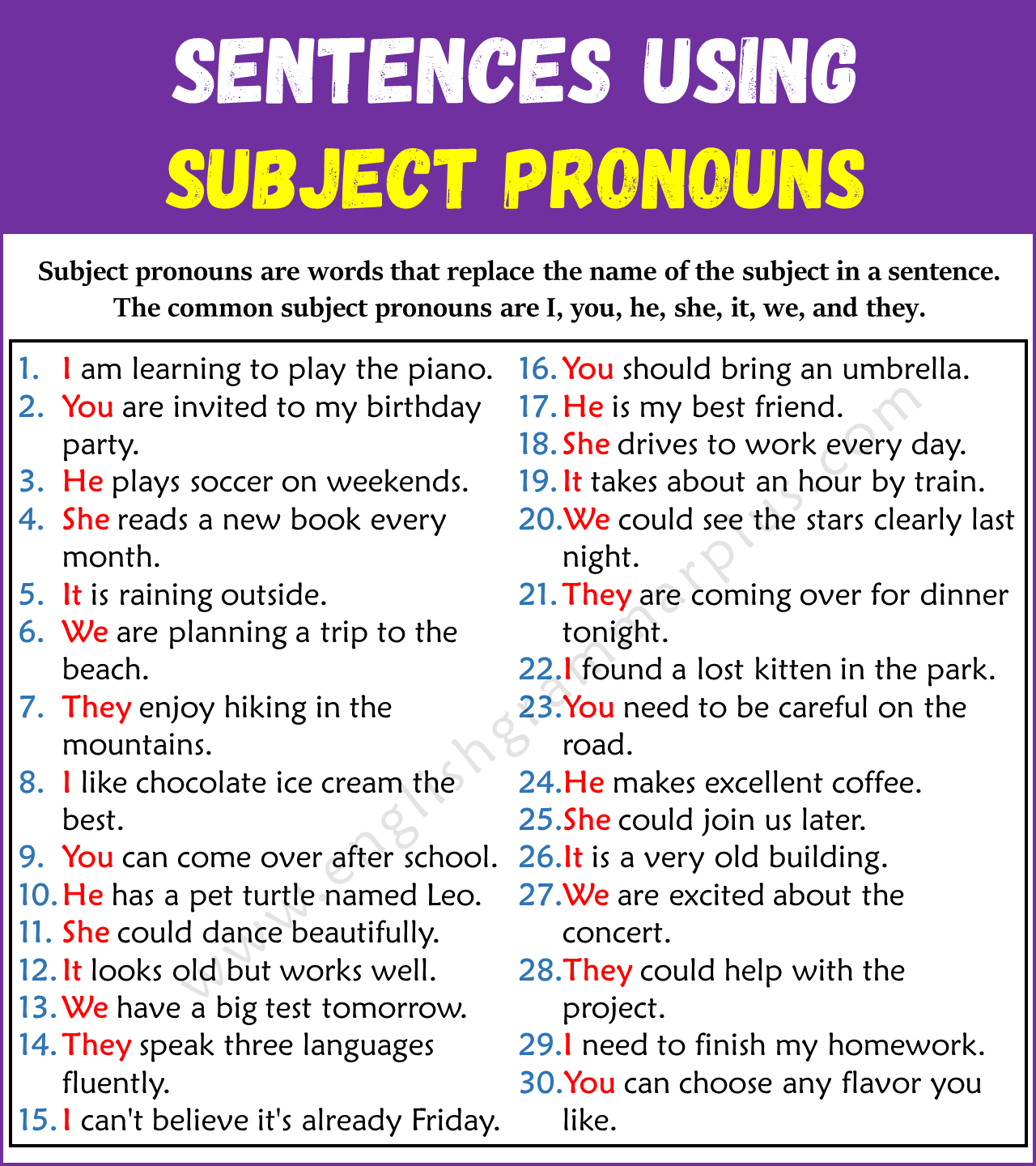 Examples of Subject Pronouns in Sentences