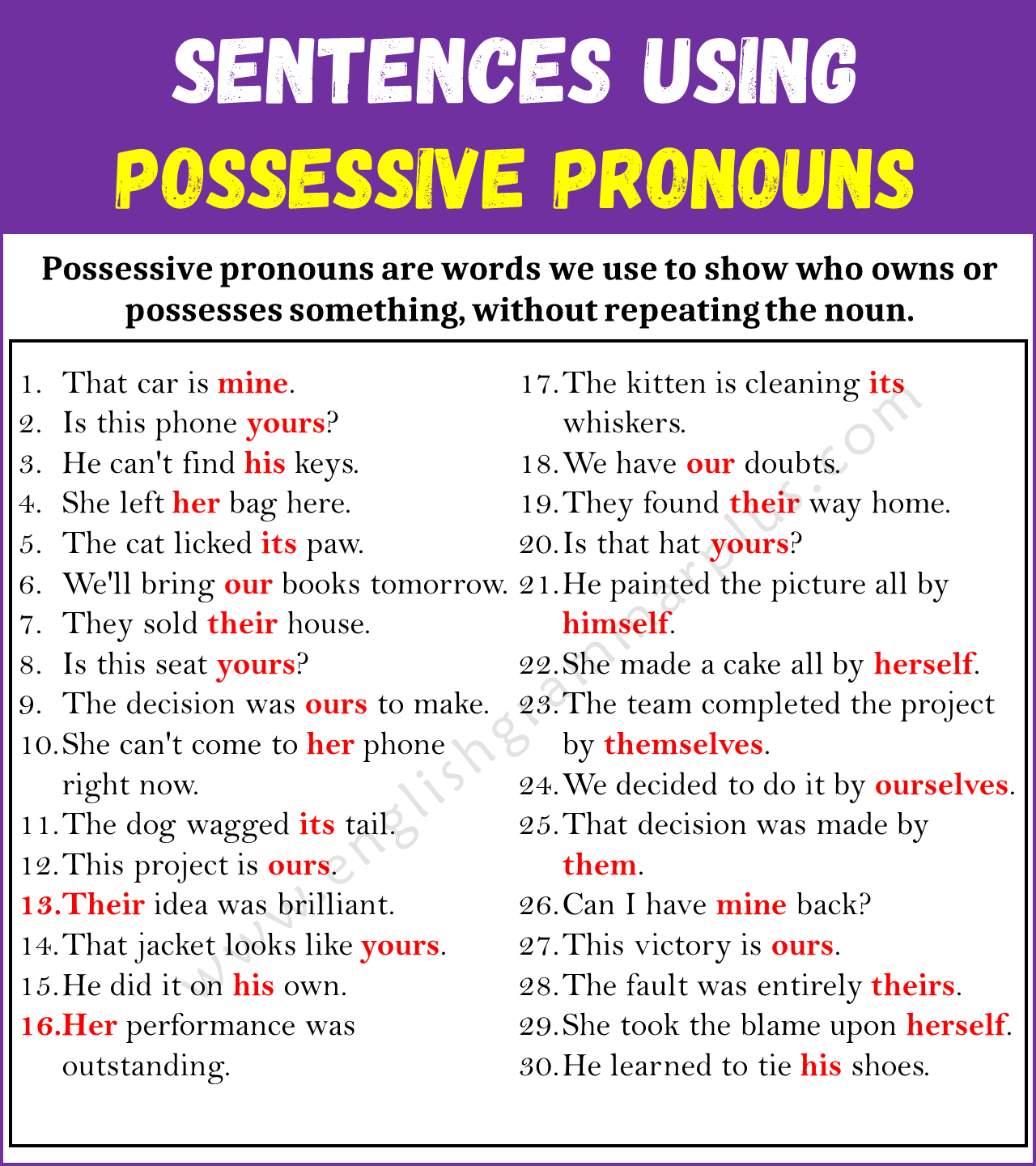 Sentences Using Possessive Pronouns